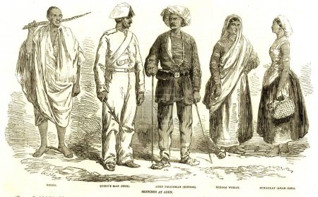Photo for Lithographic portraits, different people from right negro, queens man, Hindu aden policeman, hindu woman, sumaulay Arab girl, India - Royalty Free Image