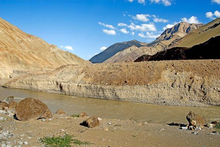 Photo for Indus river flowing among brown desert mountain ; Ladakh ; Jammu & Kashmir ; India - Royalty Free Image
