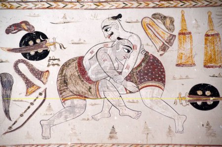 Photo for Wall painting mural of wrestling at Lakshminarayan temple , Orchha , Tikamgarh , Madhya Pradesh , India - Royalty Free Image
