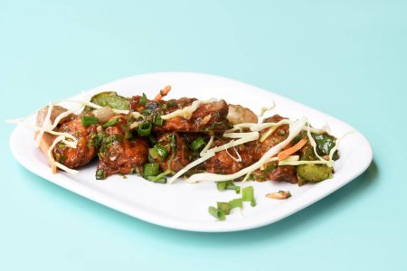 Chili Paneer oder würziger Quark, Garniert mit Paprika, Zwiebeln, Kohl und Frühlingszwiebeln, bevorzugtes indisches Vorspeisenmenü, serviert in weißem Gericht, selektiver Fokus