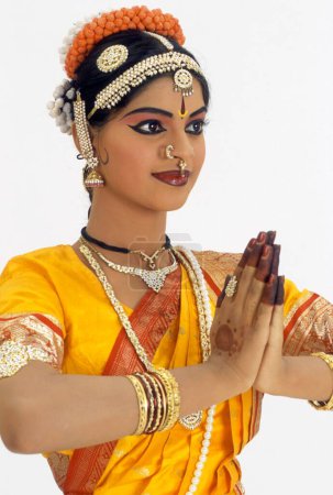 Photo for Kuchipudi dance, woman performing classical dance of india, emotion welcome, india - Royalty Free Image