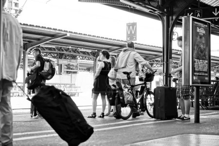 Photo for Man pulling luggage, Railway Station platform, Colmar, Grand Est, Alsace, France, Europe - Royalty Free Image