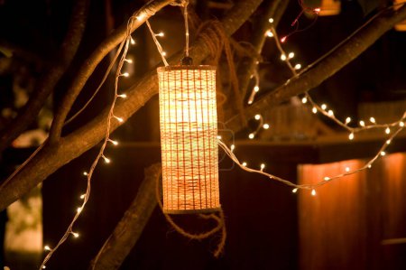 Téléchargez les photos : Lampe à lumière artificielle et petites ampoules suspendues à un arbre décoration lumineuse de la fête ; Palolem plage ; Goa ; Inde - en image libre de droit