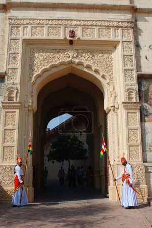 Doormen at Mehrangarh fort main gate ; Jodhpur ; Rajasthan ; India