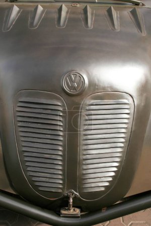 Photo for Bonnet with an emblem of a Volkswagen vintage car ; Pune ; Maharashtra ; India - Royalty Free Image