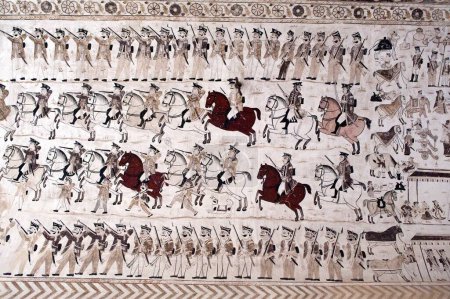 Foto de Mural pinturas mural soldados británicos marchando en el templo de Lakshminarayan, Orchha, Tikamgarh, Madhya Pradesh, India - Imagen libre de derechos