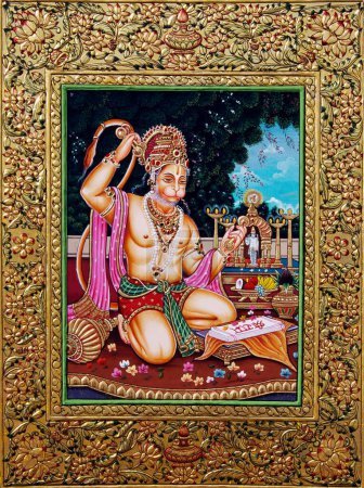 Téléchargez les photos : Papier à peindre miniature Lord Hanuman avec gaufrage doré - en image libre de droit