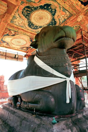 Enorme estatua cubierta del templo de Toro Brihadishwara Tanjavur Tamilnadu India Asia