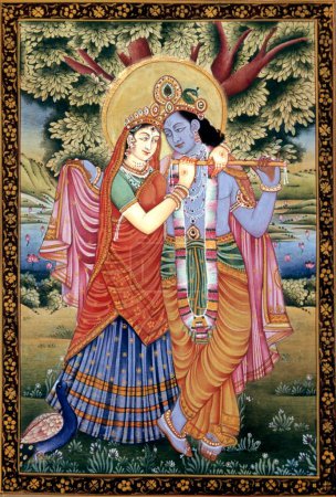 Téléchargez les photos : Radha et Krishna peinture miniature de scène d'amour sur papier - en image libre de droit