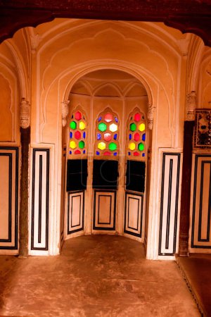 Colored Glass Windows, Ratan Mandir, Hawa Mahal, Jaipur, Rajasthan, India, Asia