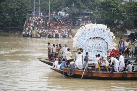 Photo for Farewell of the Durga Idol,  Visarjan at  bank of River Hooghly, Durga Pooja dussera Vijayadasami Navaratri Festival, Calcutta Kolkata, West Bengal, India - Royalty Free Image