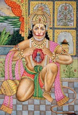 Téléchargez les photos : Peinture miniature Lord Hanuman sur papier - en image libre de droit
