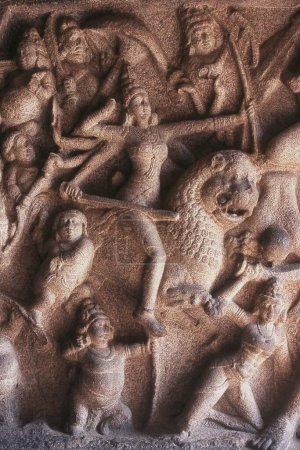 Close up of carving, Mahishasuramardini Mandapa, Mamallapuram, Tamil Nadu, India, Asia