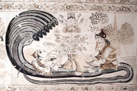 Foto de Mural de pintura mural de vishnu en el templo de Lakshminarayan, Orchha, Tikamgarh, Madhya Pradesh, India - Imagen libre de derechos