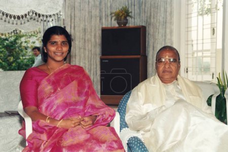 Photo for South Asian Indian filmmaker and politician N. T. Rama Rao founder of the Telugu Desam Party and served three times as Chief Minister of Andhra Pradesh seated with his wife, India - Royalty Free Image