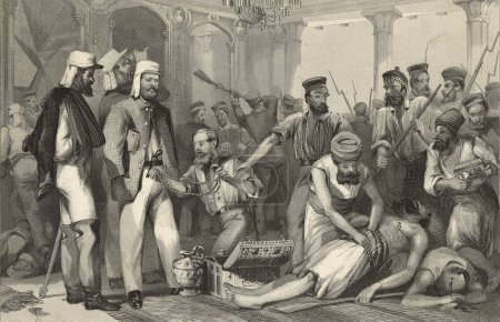 Téléchargez les photos : Peinture miniature, correspondant du Times regardant la mise à sac du Kaiser Bagh après la capture de Lucknow 15 mars 1858, Inde - en image libre de droit