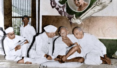 Photo for Jawaharlal Nehru, Mahatma Gandhi and Sardar Vallabhbhai Patel in Congress meeting, India, 1945 - Royalty Free Image