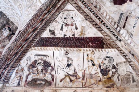 Photo for Wall painting mural of god worshiping goddess at Lakshminarayan temple , Orchha , Tikamgarh , Madhya Pradesh , India - Royalty Free Image