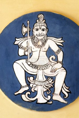 Wandbild von Parashurama oder dem Wütenden; sechste Inkarnation von Lord Vishnu, der König Kartavirya in Ambalpadi tötete; Udupi; Karnataka; Indien