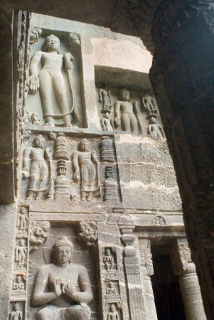 Statues of god Buddha carved on wall of Ajanta caves ; Aurangabad ; Maharashtra ; India
