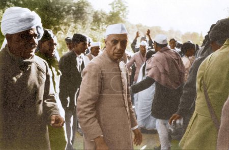 Photo for Jawaharlal Nehru after cremation of Mahatma Gandhi, Rajghat, Delhi, India, Asia, January 31, 1948 - Royalty Free Image