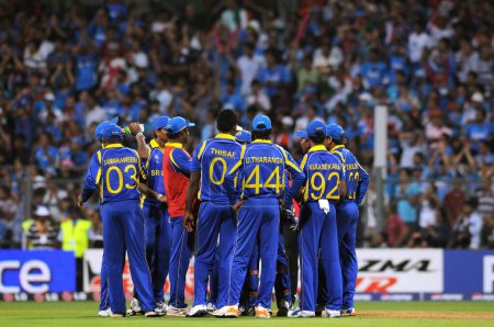 Photo for Sri Lankan team members during the 2011 ICC World Cup Final between India and Sri Lanka at Wankhede Stadium on April 2 2011 in Mumbai India - Royalty Free Image