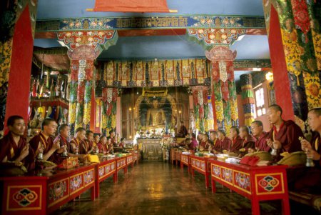 Foto de Monjes tibetanos rezando en Monestry, bir, himachal pradesh, india - Imagen libre de derechos