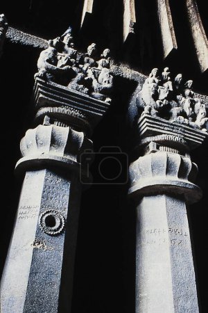 Carving on pillars at Karla Caves, Lonavala, Pune, Maharashtra, India, Asia