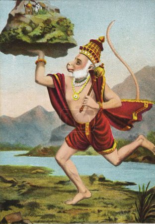 Téléchargez les photos : Singe Dieu Hanuman portant Sanjeevani Parvat (colline) contenant Sanjeevani Herbes pour guérir Lakshman, le frère de Lord Rama, Inde - en image libre de droit