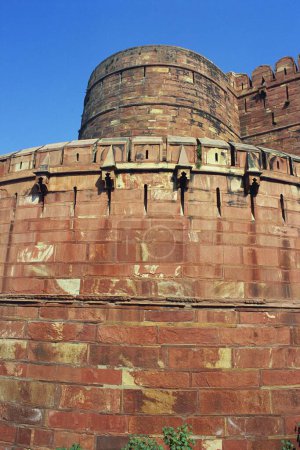 Bastion & fort fiction in red stone , Agra fort , Agra , Uttar Pradesh, India