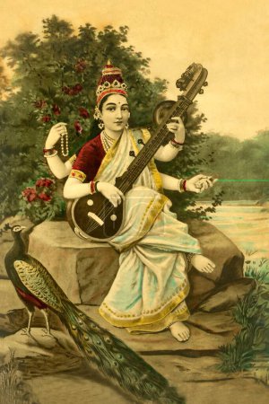 Photo for Old picture postcard of devi sarasvati playing veena with peacock - Royalty Free Image