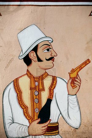 Photo for Wall Painting of British Soldier holding Pistol , jaipur , rajasthan , India - Royalty Free Image