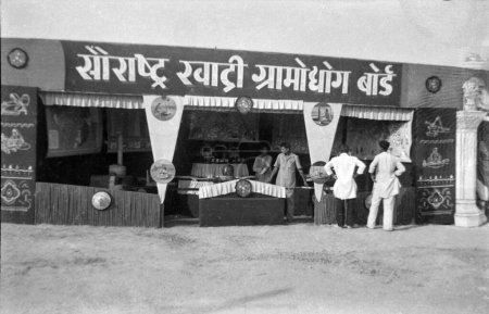 Photo for Old vintage black and white 1900s picture of Indian Saurashtra Khadi Gram Udyog Board exhibition stall India 1950s - Royalty Free Image