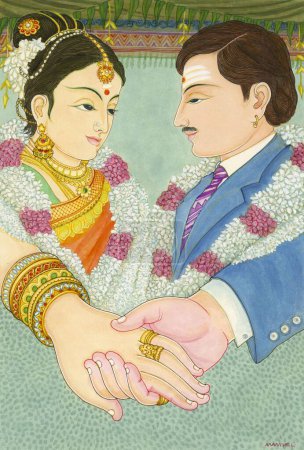 Téléchargez les photos : Artiste Manivelu, croyance hindoue, hindou, hindouisme, art, art académique himalayen, mariage sud-indien, mariage, mari, femme, mariée, marié - en image libre de droit