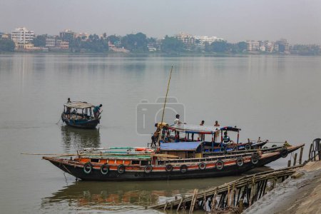 Photo for Wooden boats in hooghly river, kolkata, west bengal, india, asia - Royalty Free Image