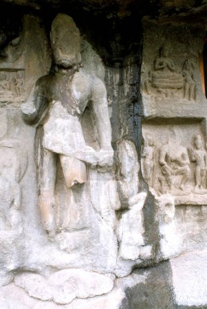 Ruin statue on wall ; Ellora caves ; Aurangabad ; Maharashtra ; India