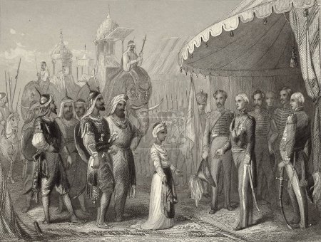 Foto de Pintura en miniatura, presentación del Maharajah Dhuleep Singh a Sir Henry Hardinge en Kanha Cushwa 19 de febrero de 1846 Punjab India - Imagen libre de derechos