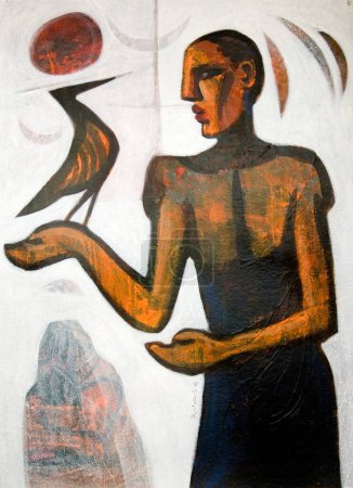 Foto de El hombre y el pájaro chismorreando color acrílico en papel hecho a mano - Imagen libre de derechos