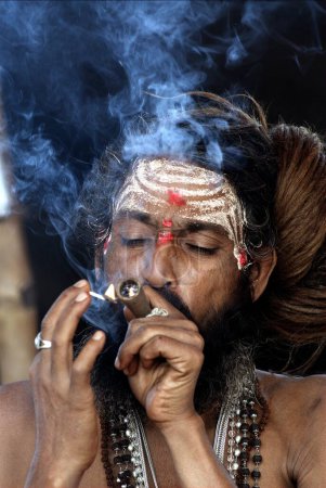 Téléchargez les photos : Un sadhu de la Juna Akadha fume de l'opium dans son camp pendant l'Ardh Kumbh Mela, en Inde - en image libre de droit