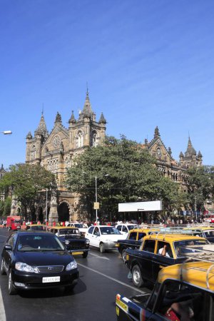 Photo for Street view at Chhatrapati Shivaji  Terminus (formerly Victoria Terminus) Victorian gothic revival architecture blended with Indian traditional architecture built between 1878 and 1888 Indian Railway Station ; Bombay Mumbai ; Maharashtra ; India UNES - Royalty Free Image