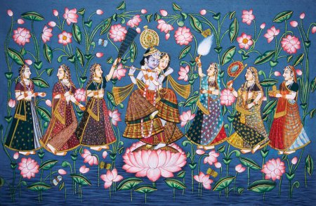 Téléchargez les photos : Radha Krishna avec sakhis peinture miniature sur papier - en image libre de droit