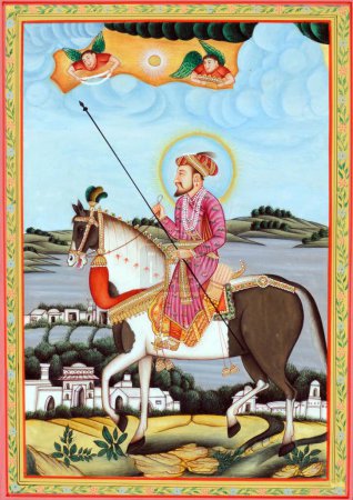 Téléchargez les photos : Peinture miniature de l'empereur moghol Shah jahan assis sur un cheval - en image libre de droit