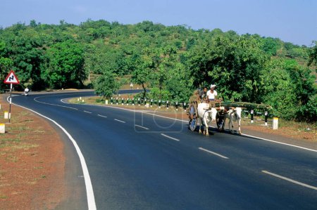 Foto de Carro de bueyes que pasa por la carretera, goa highway, Maharashtra, India - Imagen libre de derechos