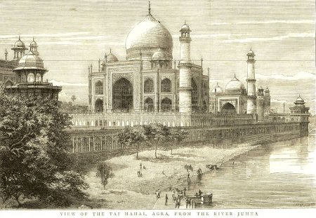 View of Taj Mahal from river Jamuna ; Agra ; Uttar Pradesh ; India