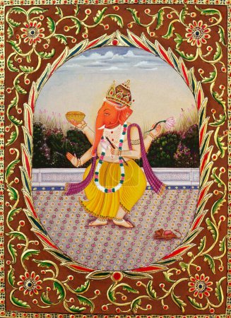 Téléchargez les photos : Peinture miniature Lord Ganesha ganpati sur papier avec broderie - en image libre de droit
