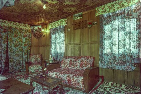 interior of houseboat dal lake, Srinagar, Jammu & Kashmir, India, Asia