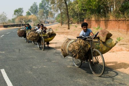 Téléchargez les photos : Vol de charbon transportant des sacs de charbon à vélo, Jharkhand, Inde - en image libre de droit