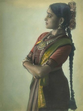 Photo for Old vintage original black and white 1900s silver gelatin print hand colored portrait Indian woman India 1940s - Royalty Free Image