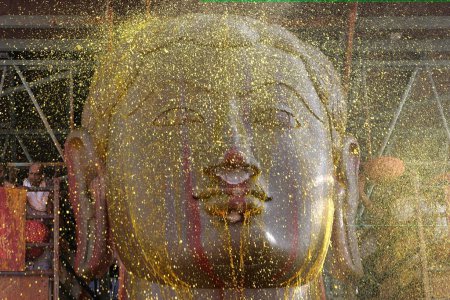 Kurkuma-Wasser wird während des alle zwölf Jahre stattfindenden Mahamasthakabhisheka Jain-Festes auf die 18 Meter hohe Statue von Bhagwan Gomateshwara Bahubali gestreut; Shravanabelagola; Hassan District; Karnataka State; Indien