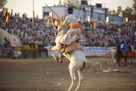 Téléchargez les photos : Nihangs ou guerriers sikhs sur son cheval montrant des cascades lors d'événements culturels pour les célébrations du 300e anniversaire de la consécration du perpétuel Sikh Guru Granth Sahib au terrain de sport Khalsa, Nanded, Maharashtra, Inde - en image libre de droit